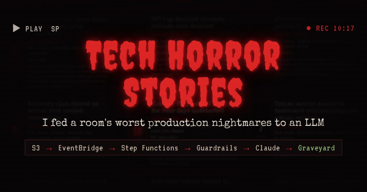 Tech Horror Stories in dripping red horror lettering over a dim VHS-style board, with the line I fed a room's worst production nightmares to an LLM and the pipeline S3, EventBridge, Step Functions, Guardrails, Claude, Graveyard