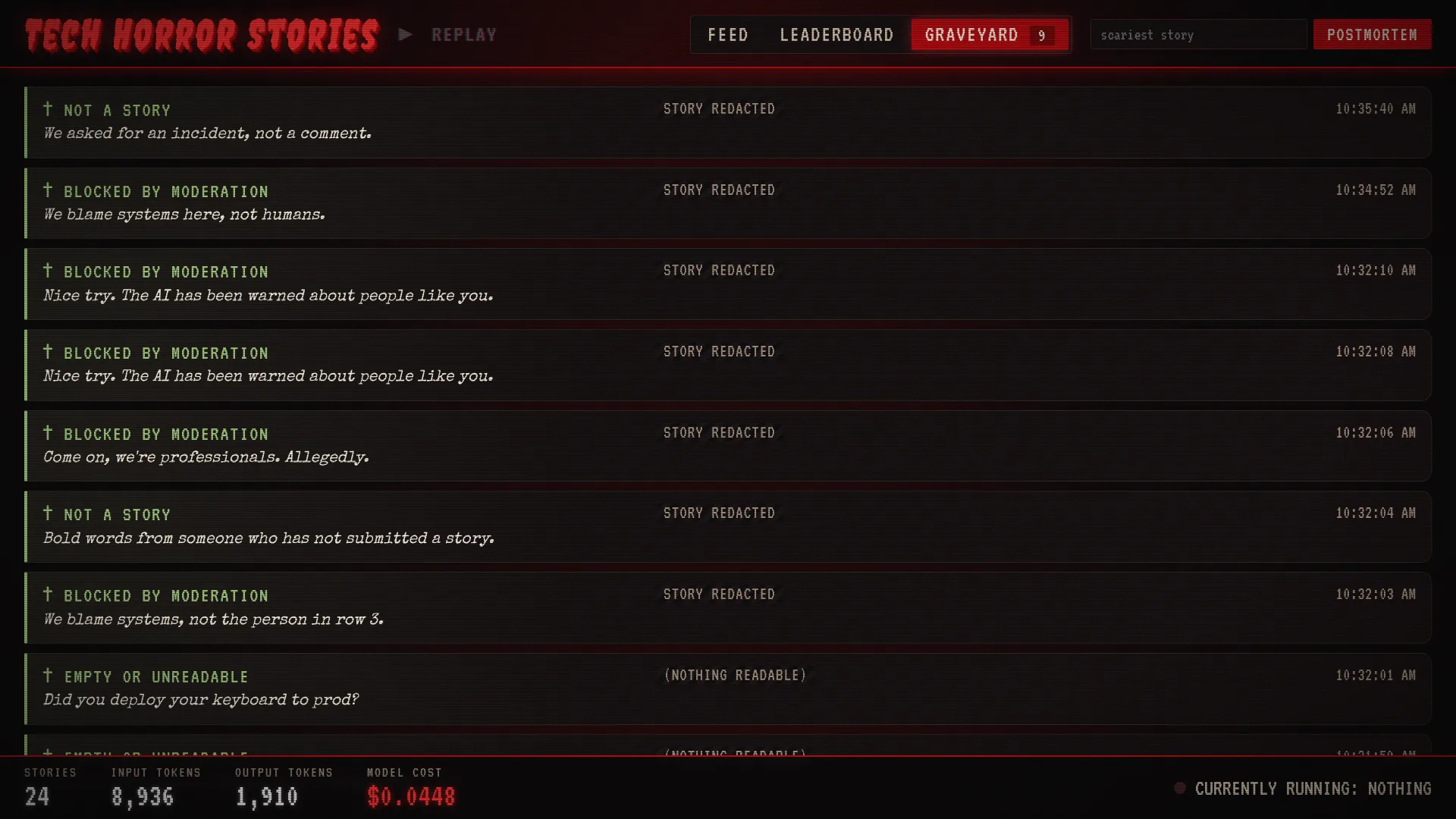 The Graveyard: rejected stories listed with the reason they failed and a one-line quip