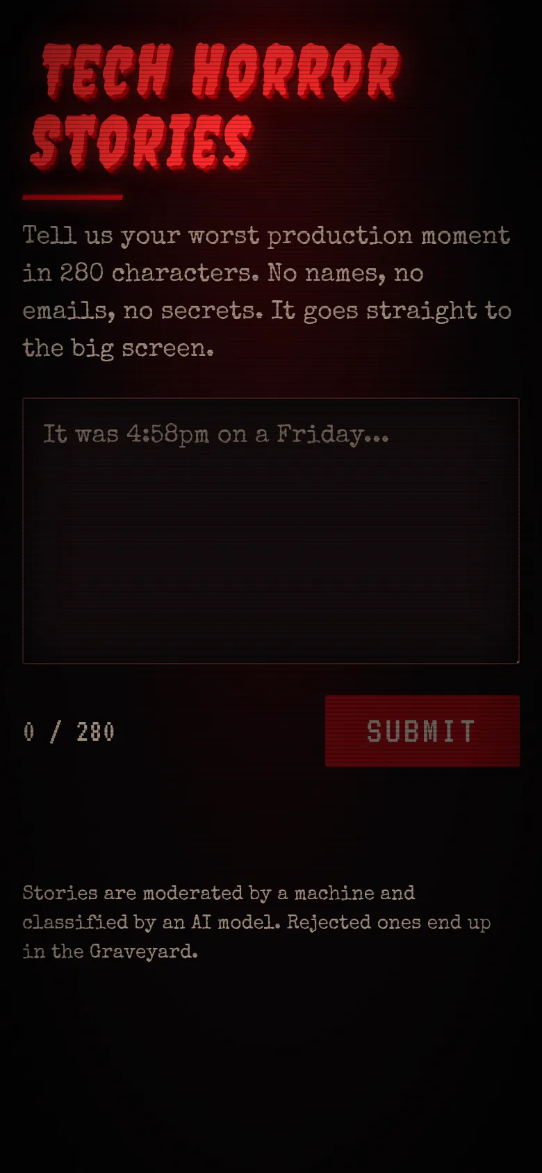 The submit page on a phone: a single text box for your incident, a character counter, and a Submit button
